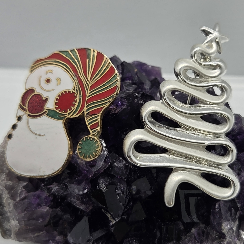 Festive Snowman and Danecraft Silver Tree Brooches